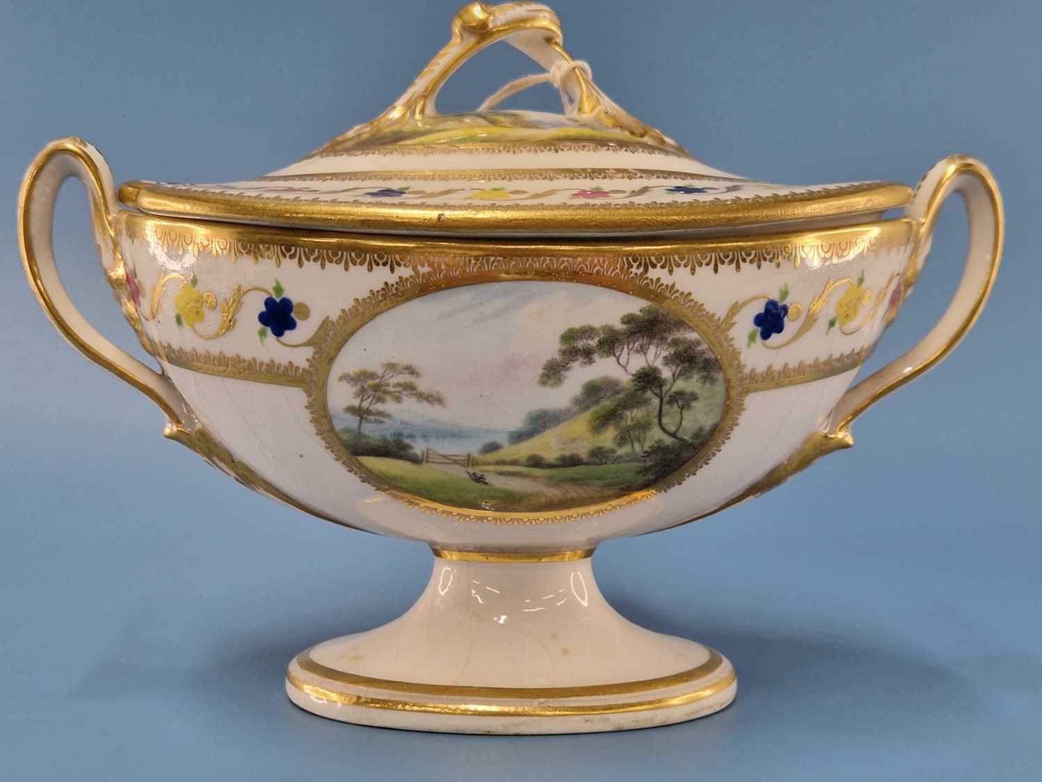 A Derby sauce tureen and cover painted with views named Near Foremark, Derbyshire and On the River - Image 4 of 7