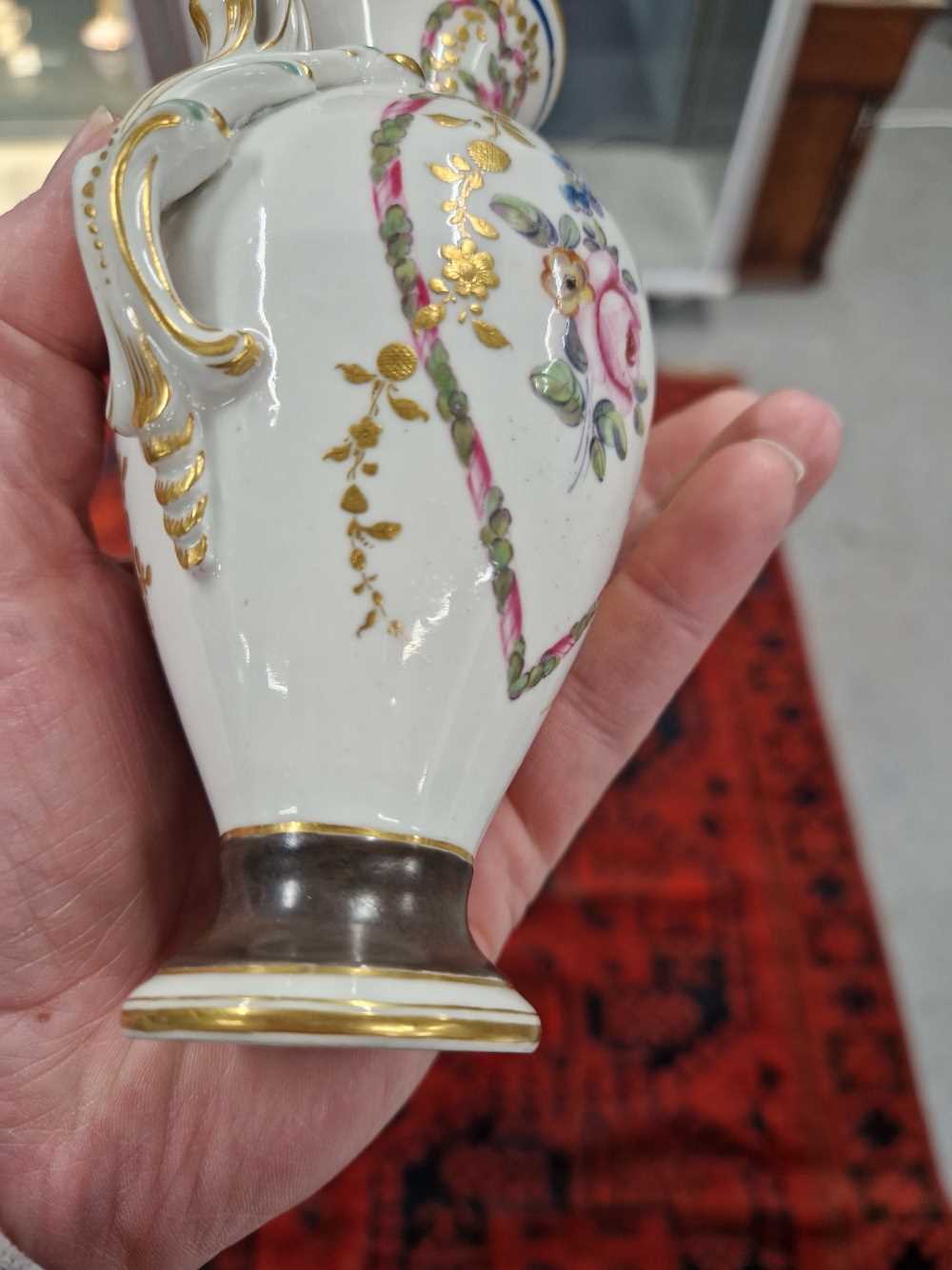 A Derby two handled vase painted with heart-shaped reserves of flowers, the foot with a brown - Image 11 of 13