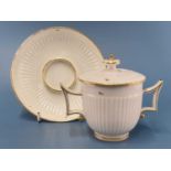 A Chelsea Derby two handled trembleuse cup, cover and saucer, the ribbed bodies gilt with sprigs,