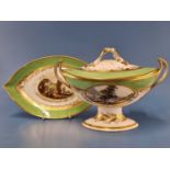 A Derby two handled navette shaped sauce tureen, cover and stand painted with scenes named Ragland