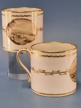Two Derby pint mugs painted by John Brewer with oval grisaille scenes of a horse, Wilford Ferry