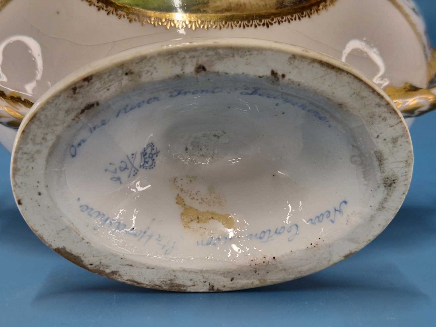 A Derby sauce tureen and cover painted with views named Near Foremark, Derbyshire and On the River - Image 7 of 7