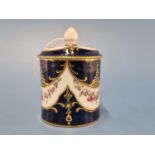 A Derby royal blue ground cylindrical ointment pot and cover painted with wavy white ground bands of