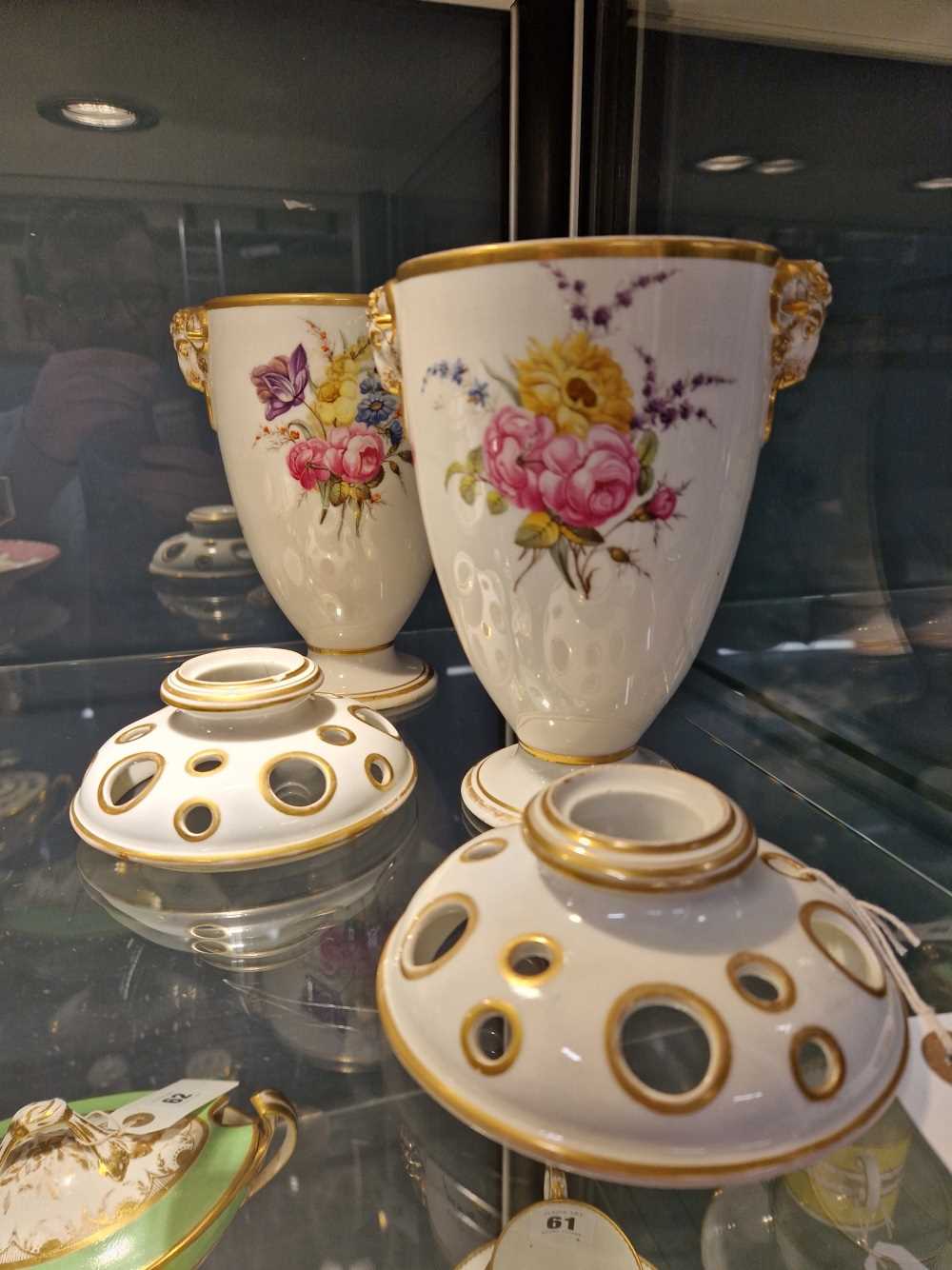 A pair of Derby ram handled pot pourri vases and pierced covers, the painting of flowers - Image 3 of 17