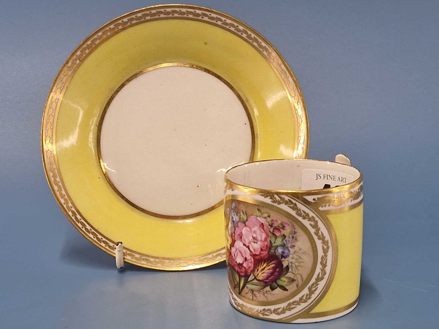 A Derby yellow ground coffee can and saucer, the former painted with a roundel of flowers, puce - Image 4 of 13