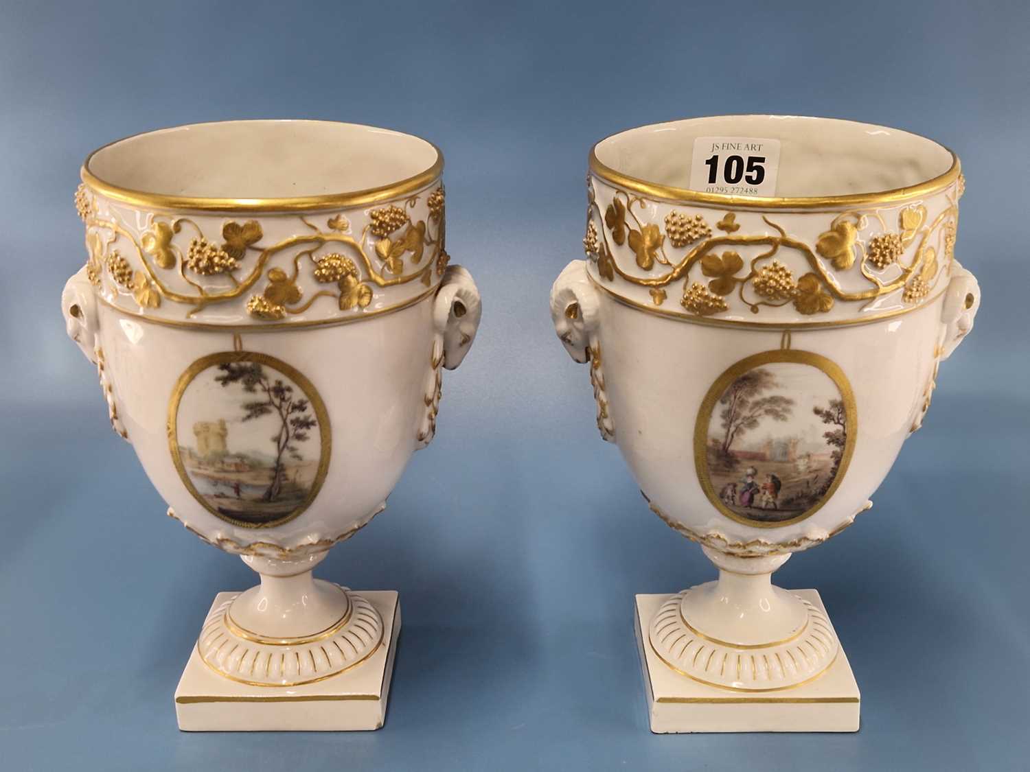 A pair of Derby ram handled vases supported on square feet painted with landscapes by Askew or - Image 4 of 17