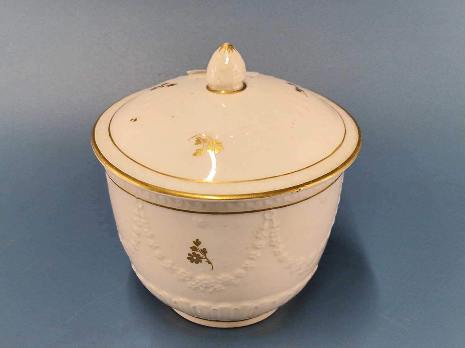 A Derby sugar pot and cover moulded with floral swags and gilt with sprigs, RF 15 Good condition - Image 2 of 2