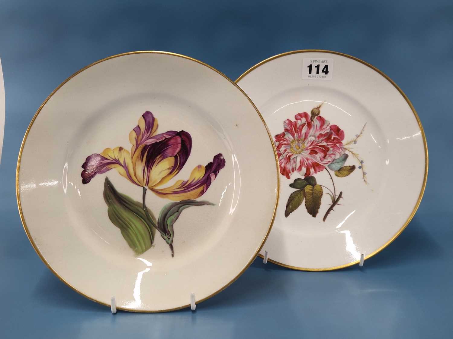 A Derby plate painted with a rose together with another painted with a tulip, red marks, RF 211 +