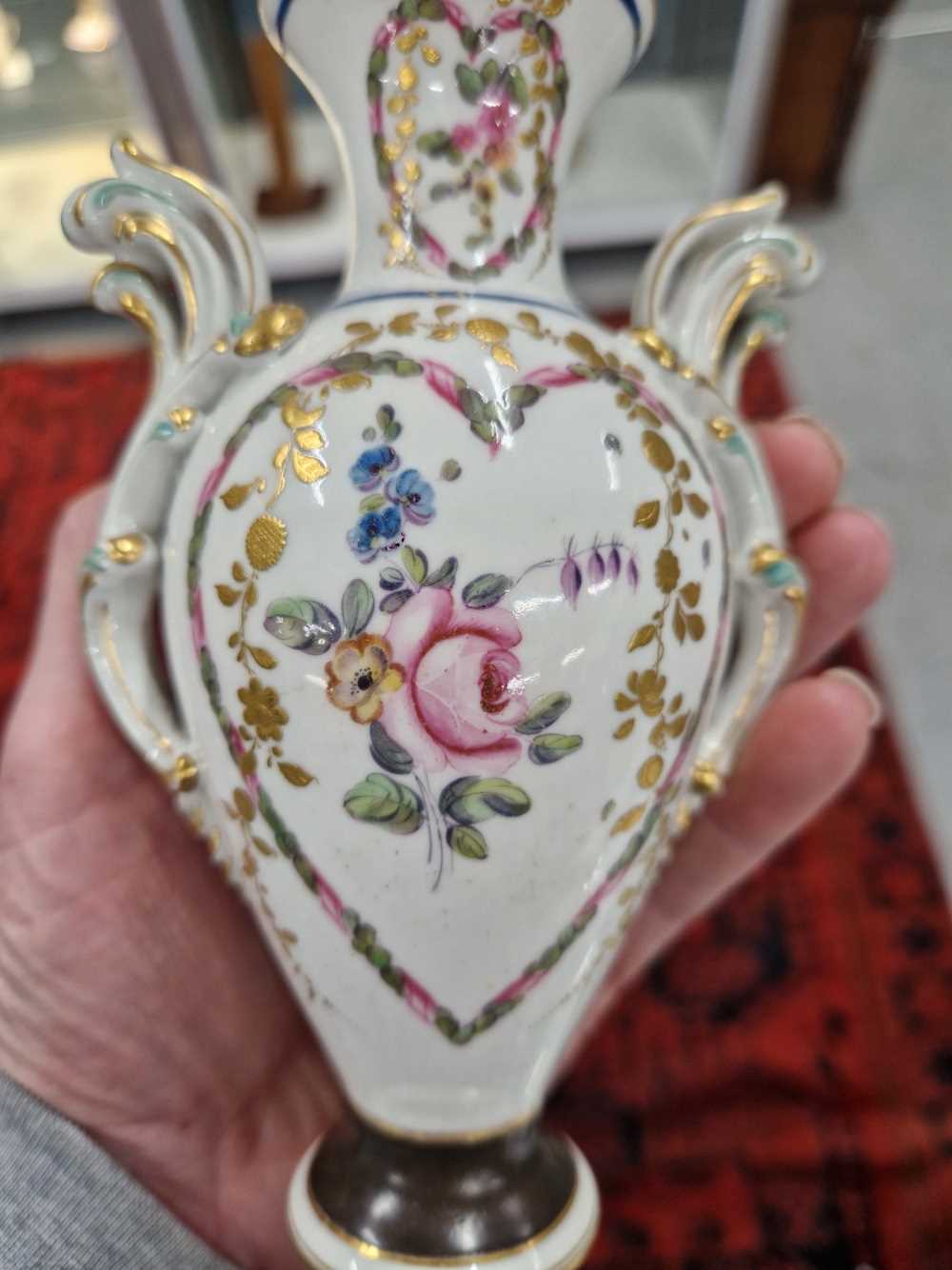 A Derby two handled vase painted with heart-shaped reserves of flowers, the foot with a brown - Image 13 of 13