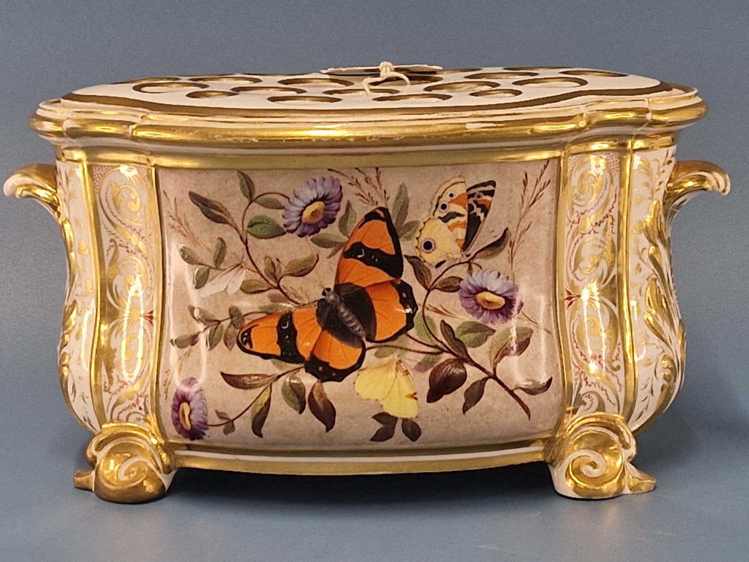 A Derby two handled bough pot and cover painted with a butterfly panel, daisies and other flowers, - Image 2 of 11