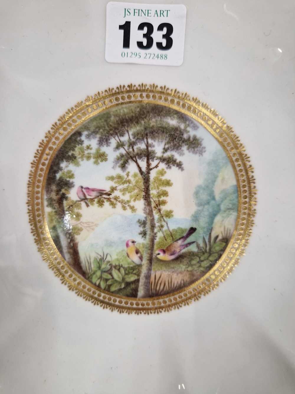 A Derby plate painted by George Robertson with birds in a landscape within a gilt wavy edged rim, - Image 5 of 12