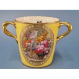 A Derby gilt two handled mug probably painted by William Pegg with ovals of flowers on a yellow