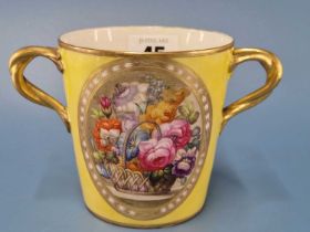 A Derby gilt two handled mug probably painted by William Pegg with ovals of flowers on a yellow
