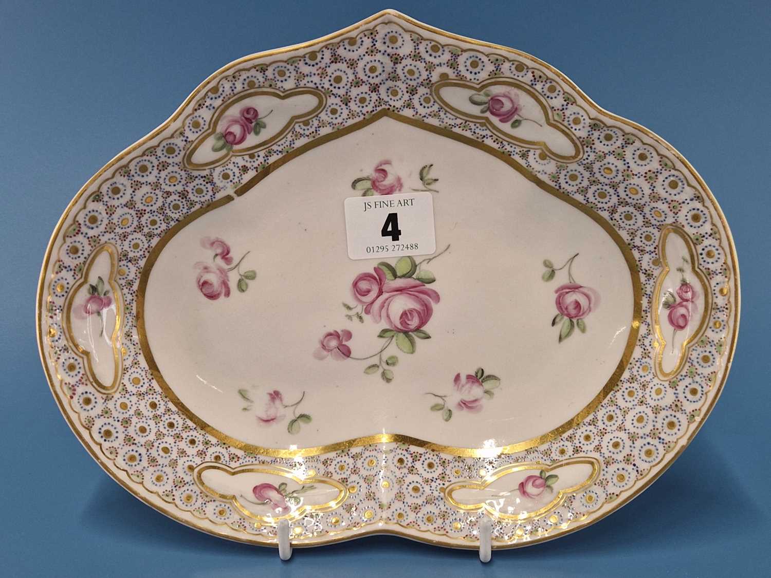 A Derby kidney shaped dish painted in the manner of Edward Withers with pink roses on and within - Image 4 of 5