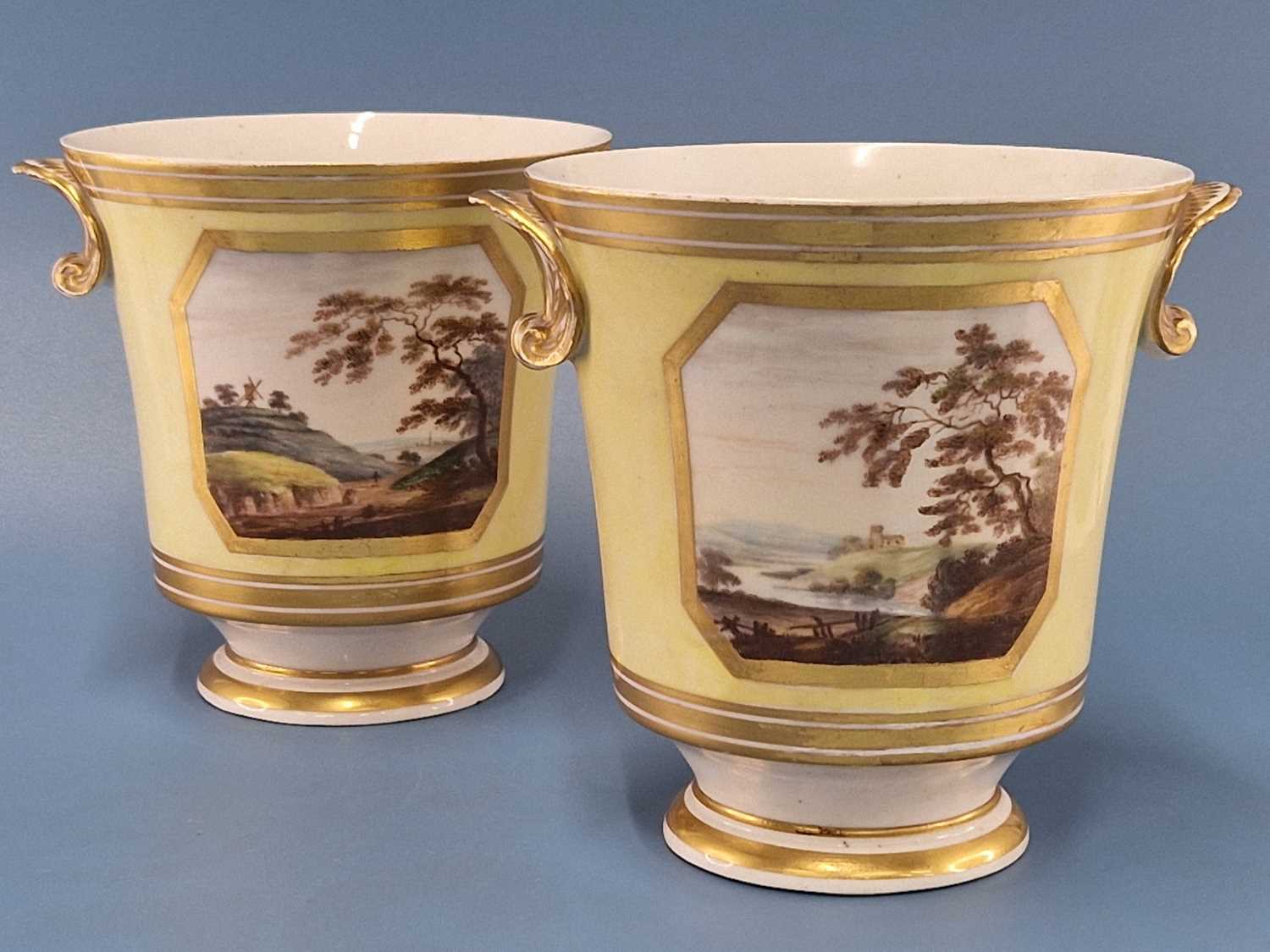 A pair of Derby shell handled yellow ground cache pots, one painted with views of Darley Dale and - Image 2 of 15