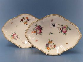A pair of Chelsea Derby diamond shaped dishes, each painted with three groups of cut and whole