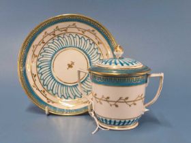 A Chelsea Derby two handled cup, cover and saucer decorated in turquoise and gilt possibly painted