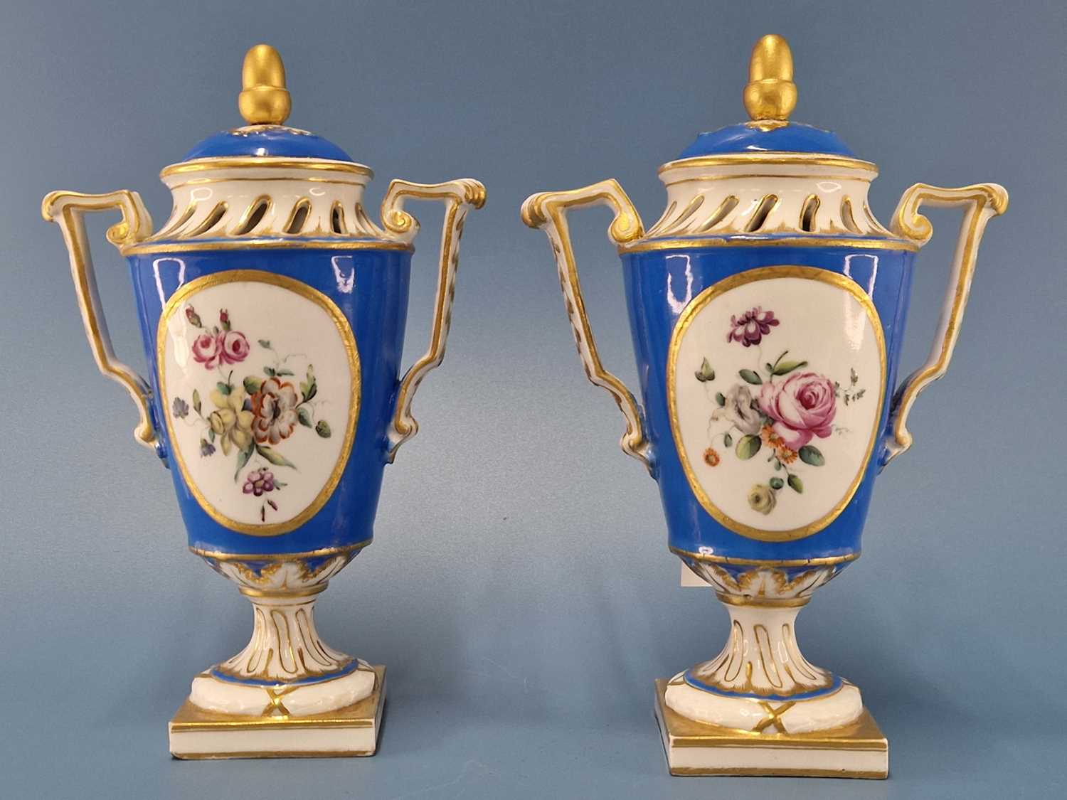 A pair of 'Sevres' turquoise ground pot pourri vases with square feet and with covers Both cover - Image 2 of 21