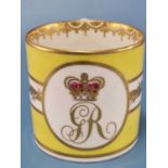 A Derby yellow banded coffee can painted with a crowned GR roundel, puce mark, RF 77 The handle