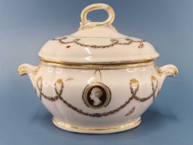 A Chelsea Derby sauce tureen and cover from the Egerton service, painted with blue laurel swags