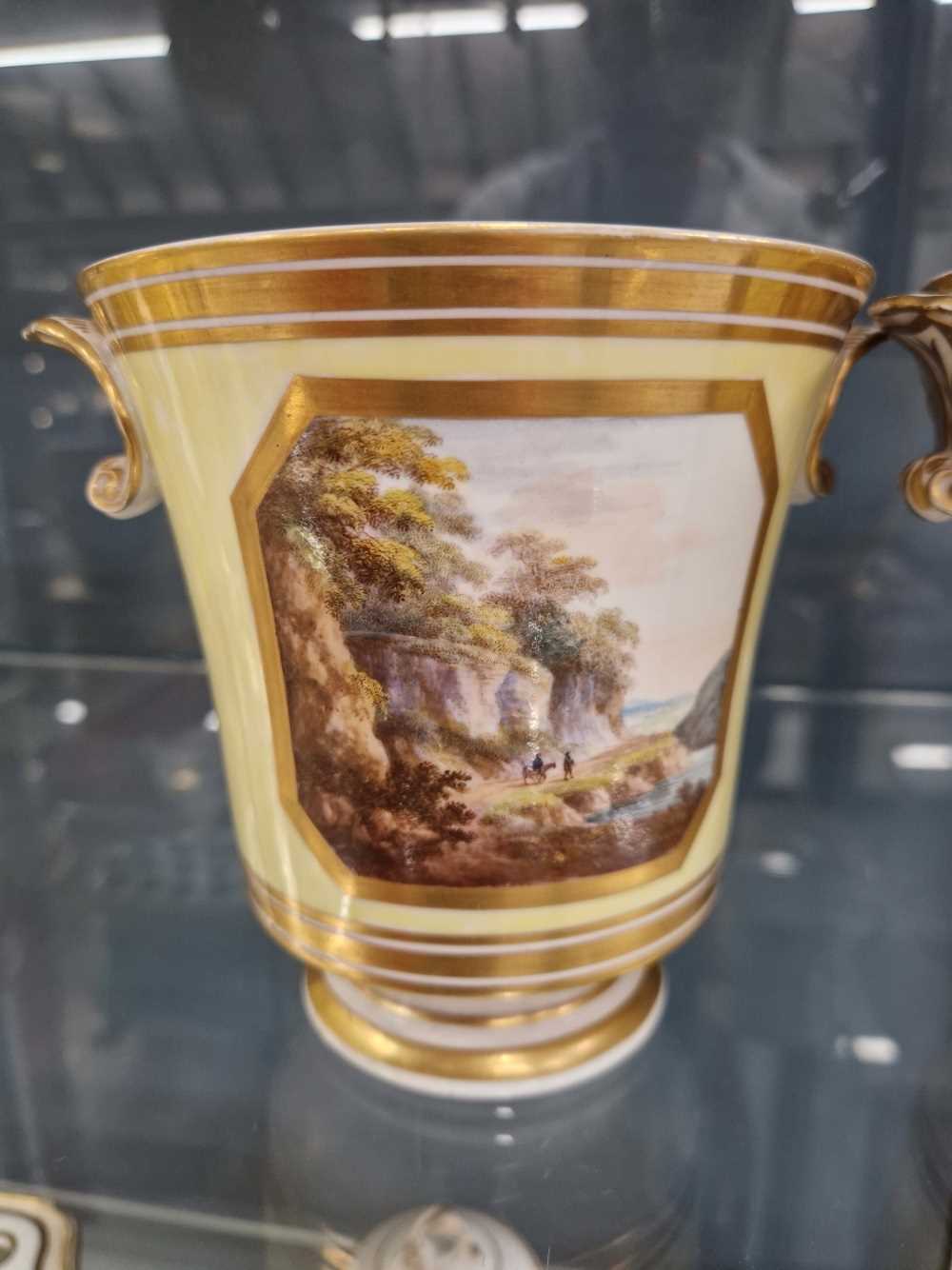 A pair of Derby shell handled yellow ground cache pots, one painted with views of Darley Dale and - Image 6 of 15