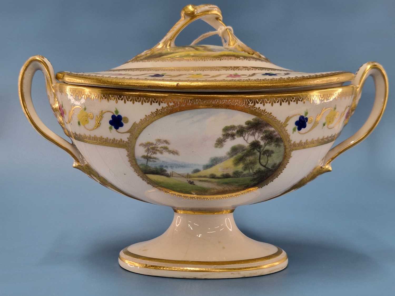 A Derby sauce tureen and cover painted with views named Near Foremark, Derbyshire and On the River - Image 2 of 7