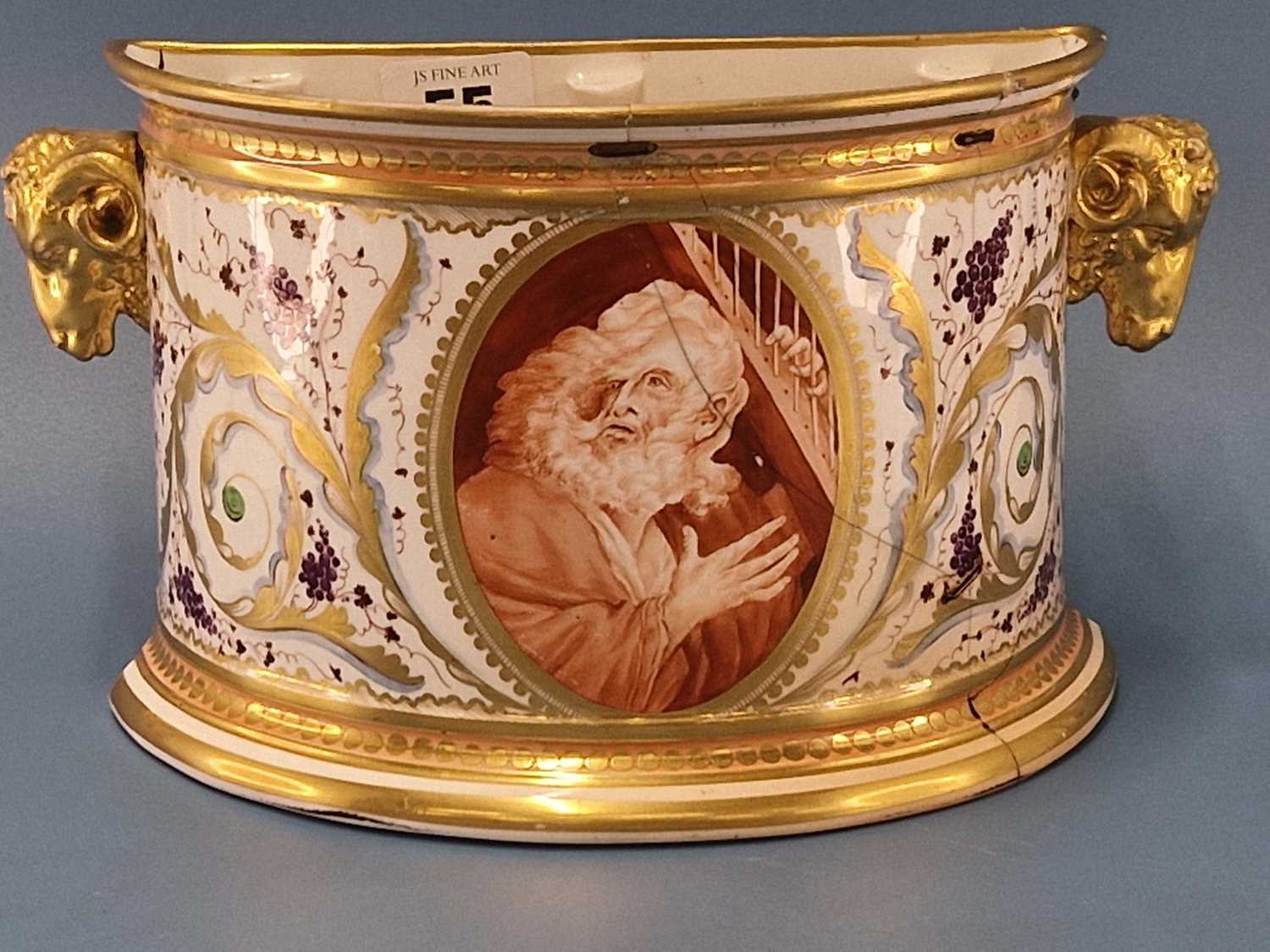 A Derby ram handled bough pot painted with a sepia oval of a man with a harp flanked by grapes and - Image 2 of 2