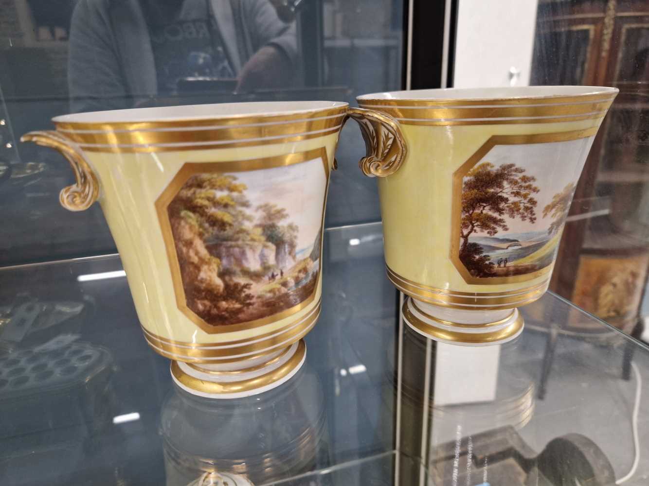 A pair of Derby shell handled yellow ground cache pots, one painted with views of Darley Dale and - Image 5 of 15