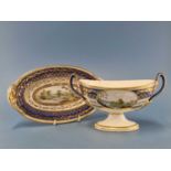 A Derby two handled navette shaped sauce tureen painted with named views, blue marks, RF 120 A The