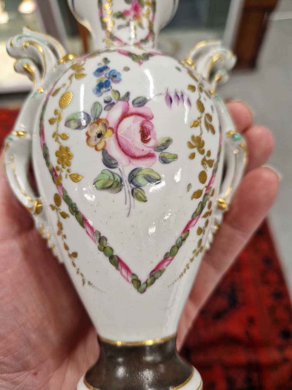A Derby two handled vase painted with heart-shaped reserves of flowers, the foot with a brown - Image 12 of 13