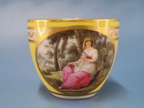 A Derby yellow ground tea cup painted by John Brewer with an oval of a lady, Griselda (after