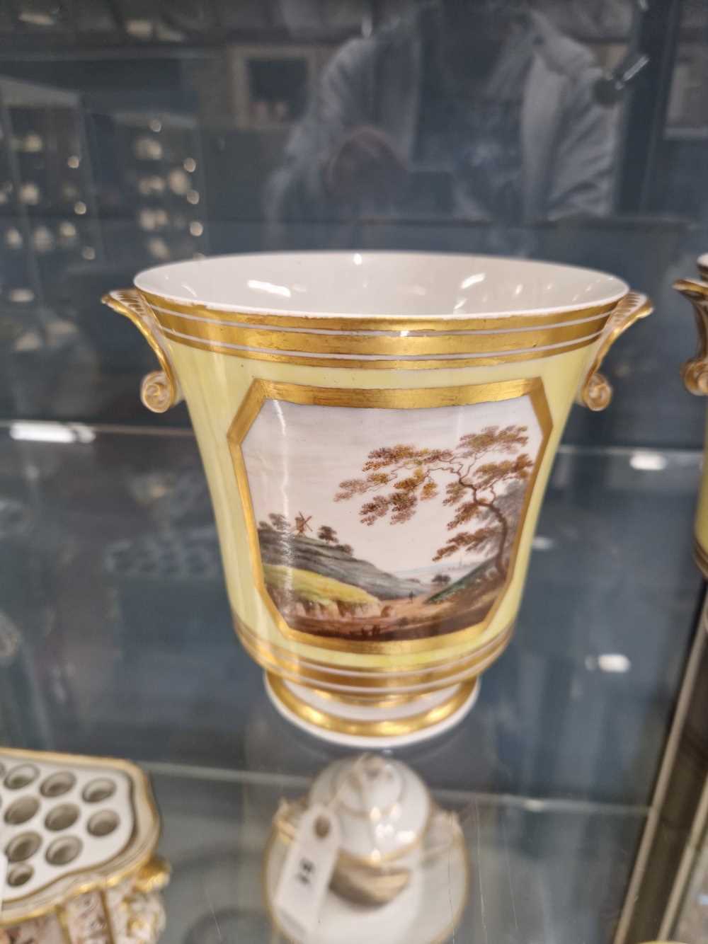 A pair of Derby shell handled yellow ground cache pots, one painted with views of Darley Dale and - Image 10 of 15
