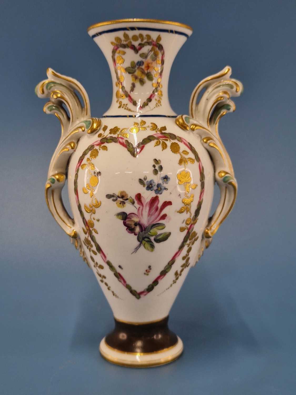 A Derby two handled vase painted with heart-shaped reserves of flowers, the foot with a brown - Image 2 of 13