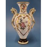 A Derby two handled vase painted with heart-shaped reserves of flowers, the foot with a brown
