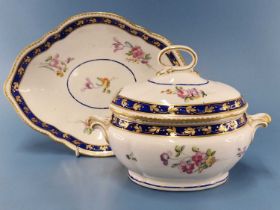 A Derby sauce tureen, cover and stand gilt with grape vines on Smiths blue bands enclosing flower