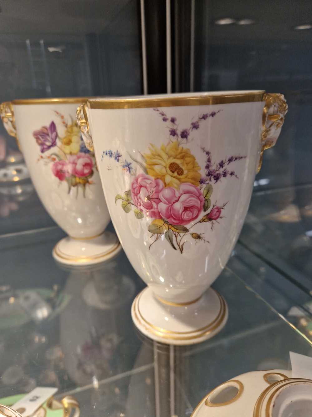 A pair of Derby ram handled pot pourri vases and pierced covers, the painting of flowers - Image 9 of 17