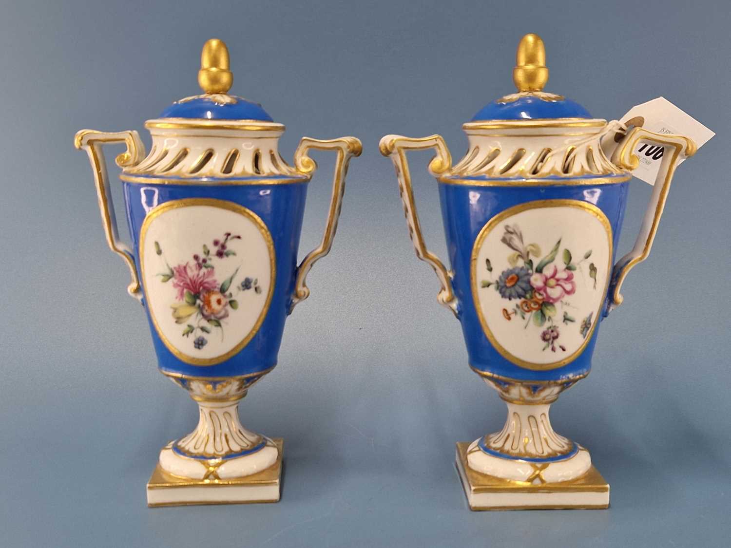 A pair of 'Sevres' turquoise ground pot pourri vases with square feet and with covers Both cover - Image 3 of 21