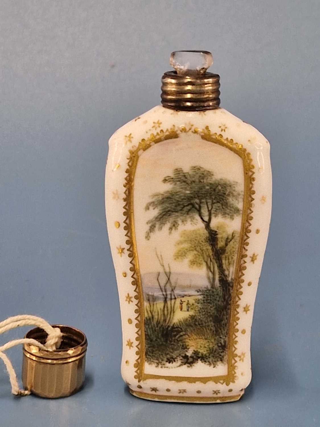 A Derby scent bottle painted on each side with a landscape below the gold screw top The screw top - Image 3 of 4