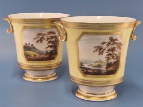 A pair of Derby shell handled yellow ground cache pots, one painted with views of Darley Dale and