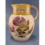 A Derby jug painted by Quaker Pegg with named flowers and with two yellow bands on the neck, blue