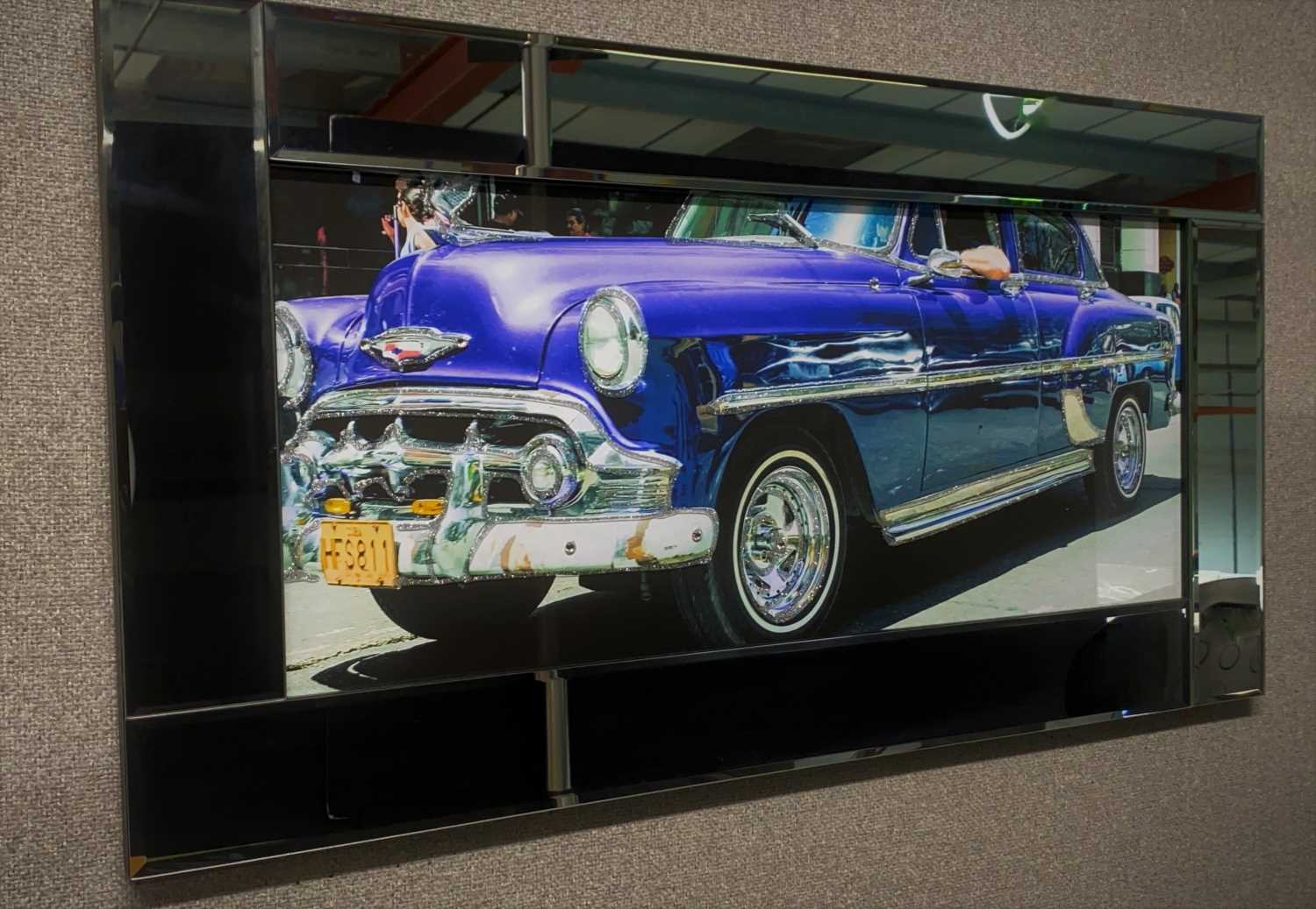 BLUE CARS MIRROR FRAMED PRINT. 460 x 850 mm.