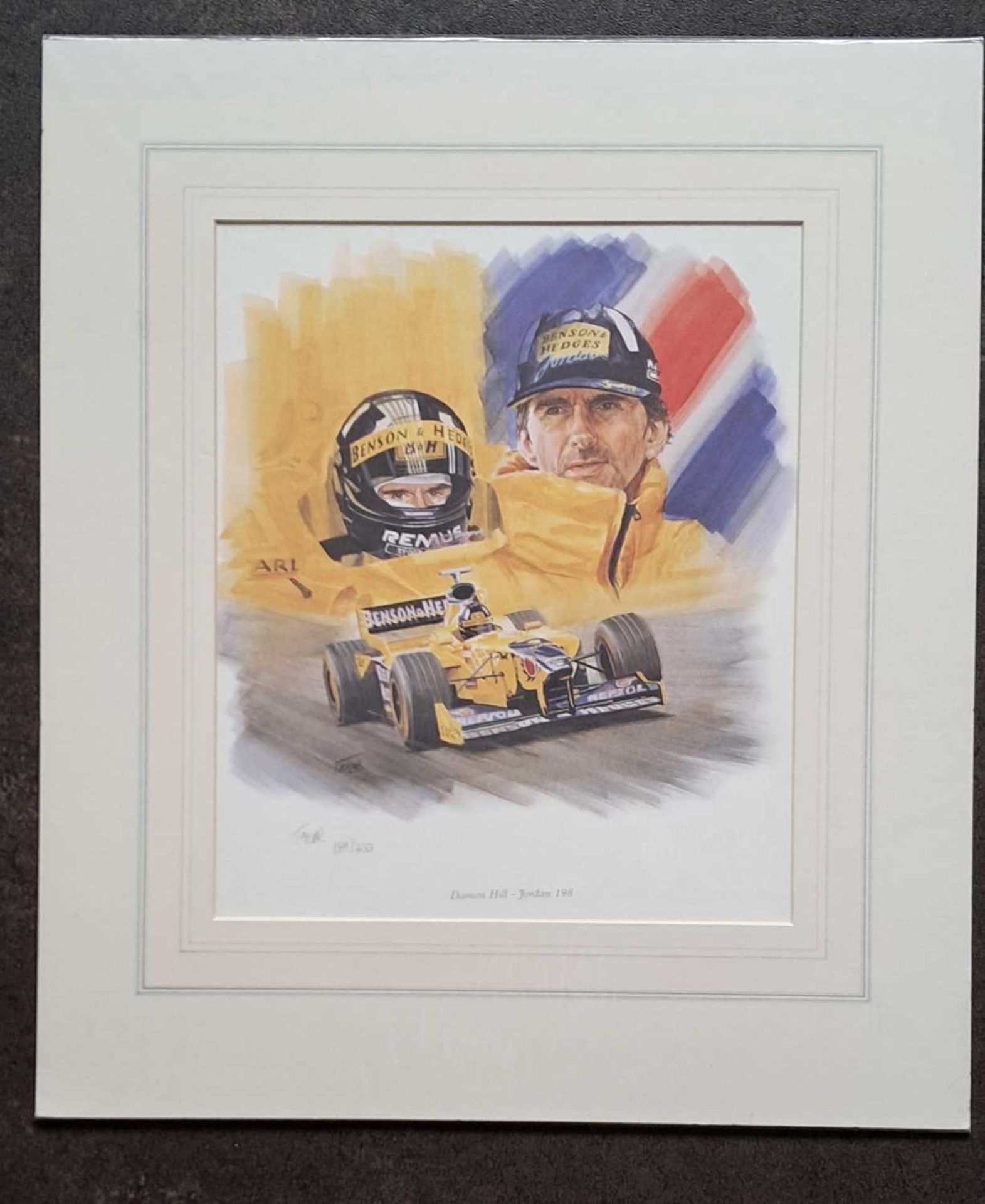 SIMON TAYLOR - DAMON HILL JORDAN 198, LIMITED EDITION 189/300. 485 x 420 mm.