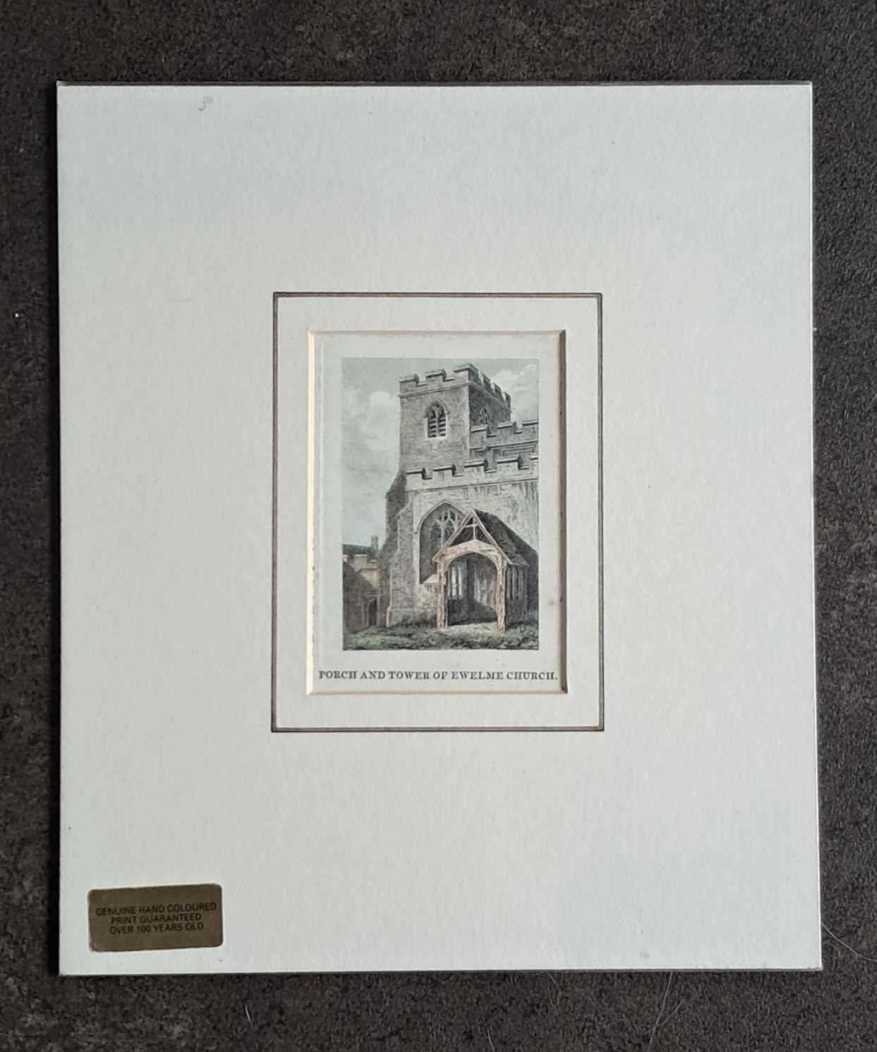 PORCH AND TOWER AT EWELME CHURCH, HAND COLOURED PRINT. 270 x 230 mm.