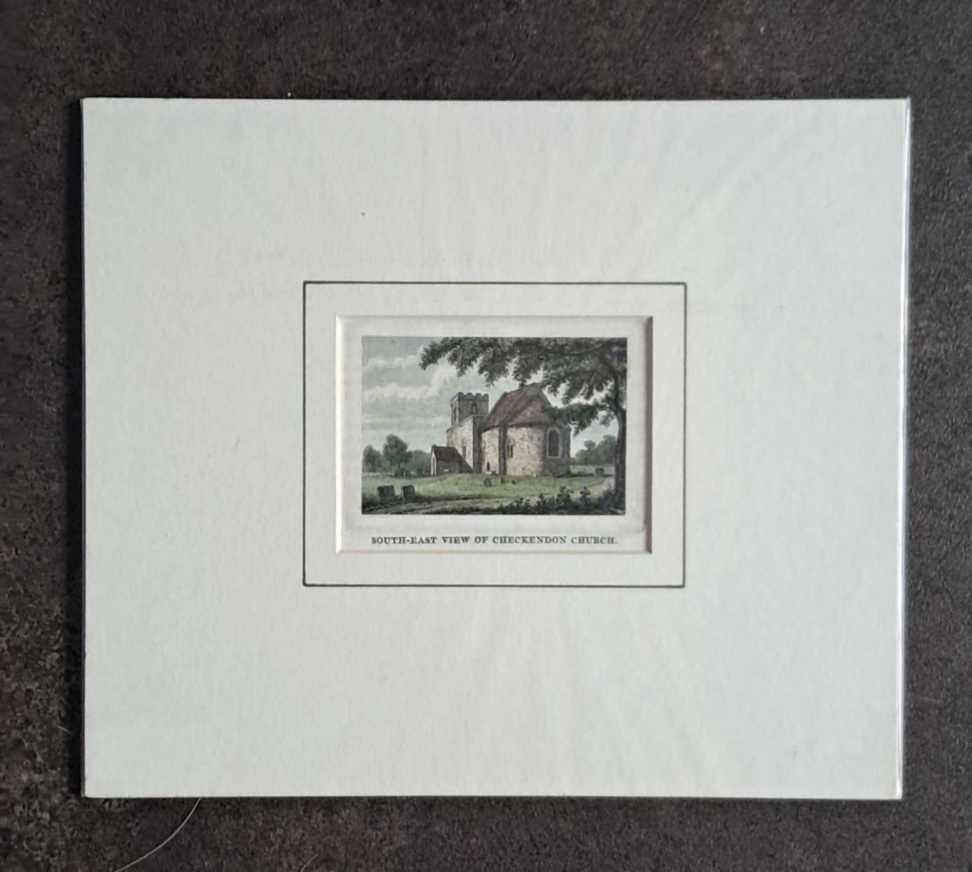 SOUTH EAST VIEW OF CHECKENDON CHURCH, HAND COLOURED PRINT. 230 x 270 mm.