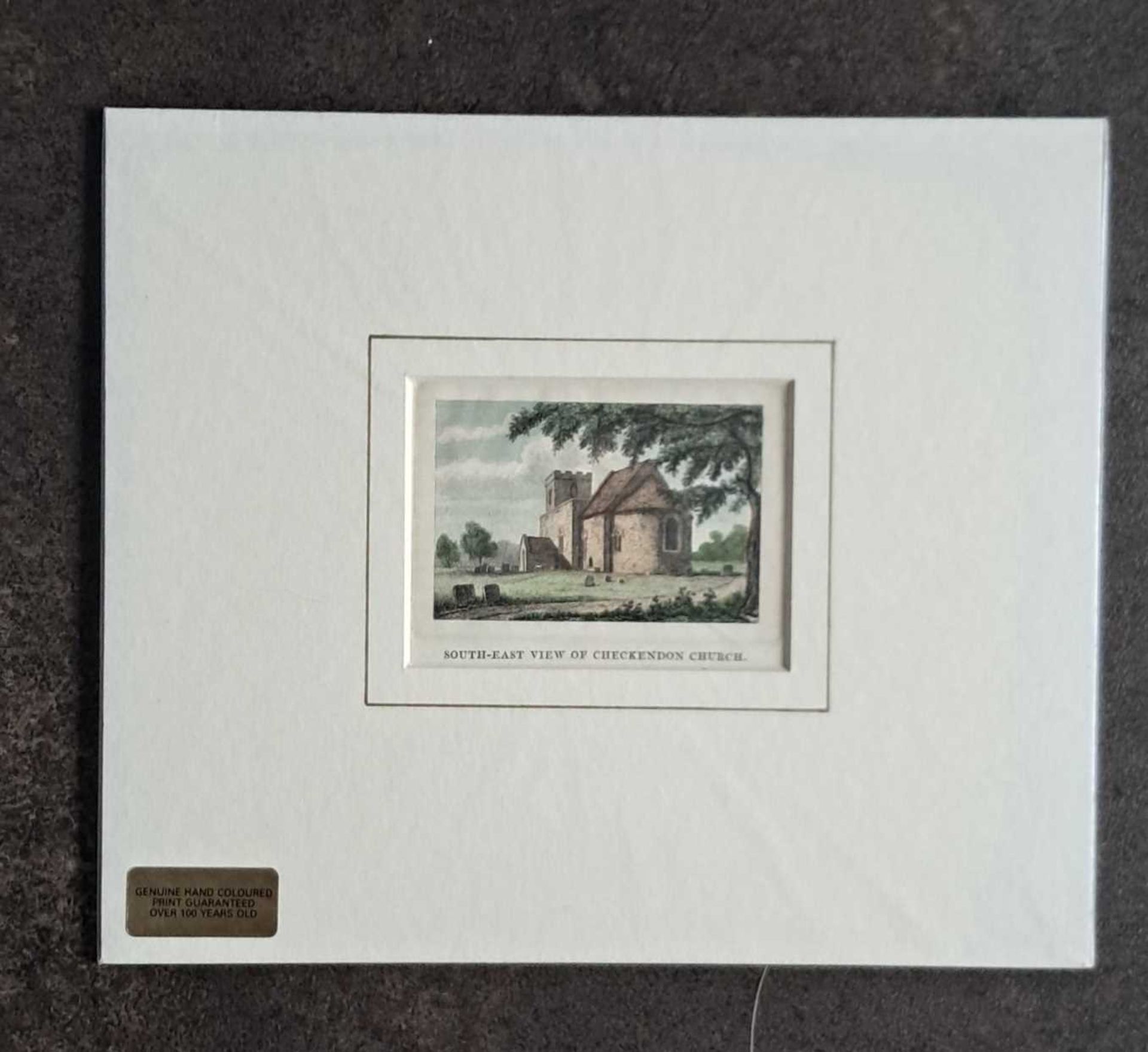 SOUTH EAST VIEW OF CHECKENDON CHURCH, HAND COLOURED PRINT. 230 x 270 mm.