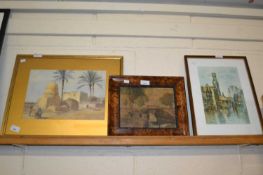 Framed watercolour of a Middle Eastern scene, signed bottom right by K Young together with two