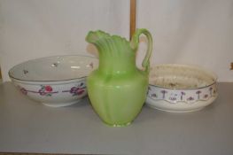 Two large ceramic bowls and a green glazed ceramic jug