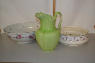 Two large ceramic bowls and a green glazed ceramic jug