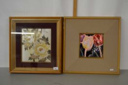 Two framed Chinese enamel pictures of floral subjects, one with signature top right