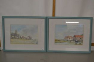 Two prints, one of Cromer, one of a river scene, in green painted frames, signed by Hayday